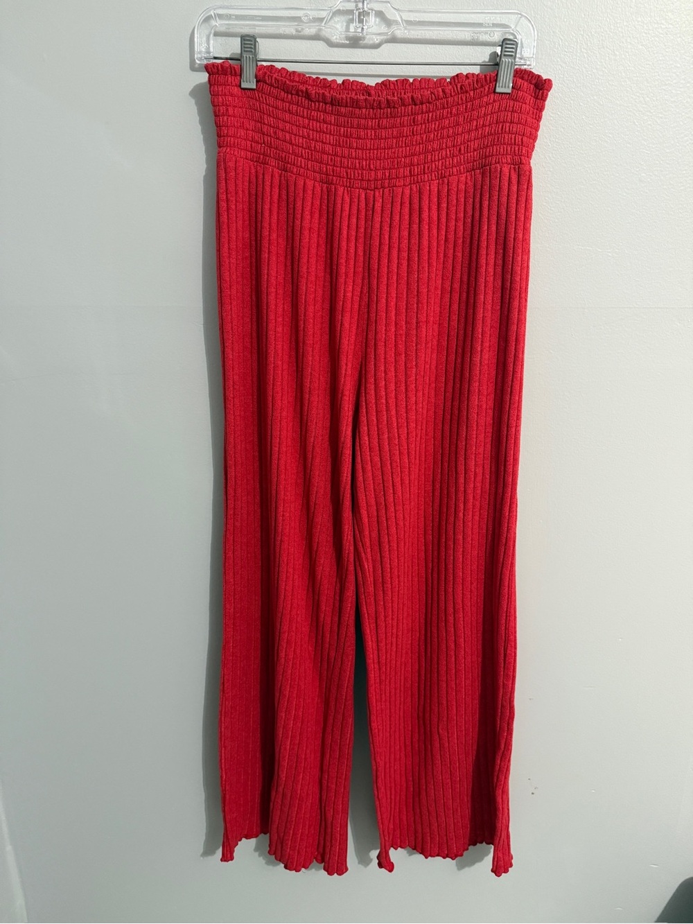 Z Supply Pants Womens Large High Rise Smocked Waist Ribbed Wide Leg Red Stretchy